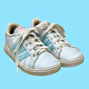 Adidas Shoes Grand Court 2.0 Girls Size 11.5K White Aqua Blue Stripes Pink